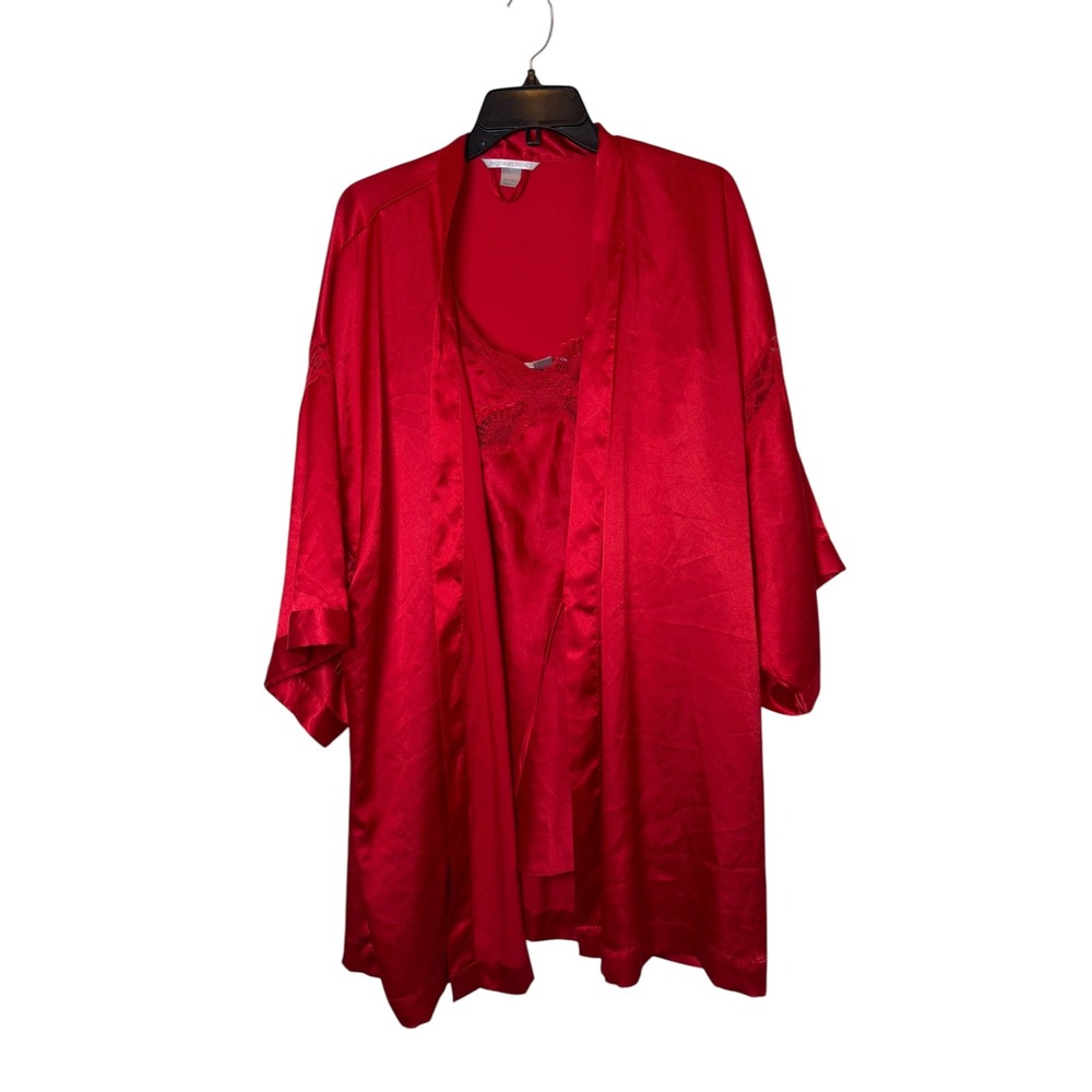 Victoria's Secret Red Satin Chemise & Robe Set Lace Trim Lingerie Size L M/L